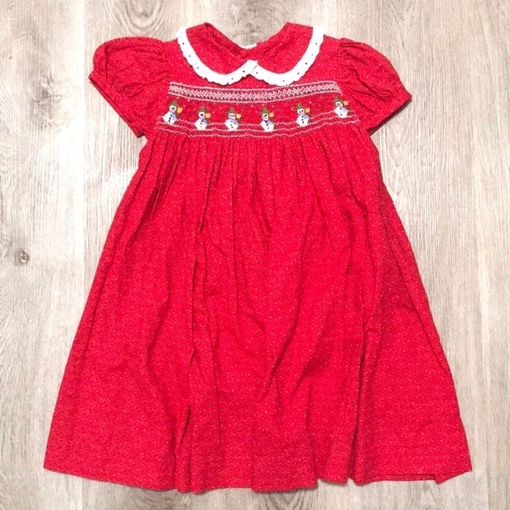 Smocked Holiday Snowman Winter Girls Dress Red